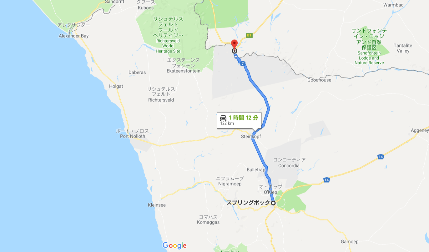 スプリングボックからナミビア国境までの地図