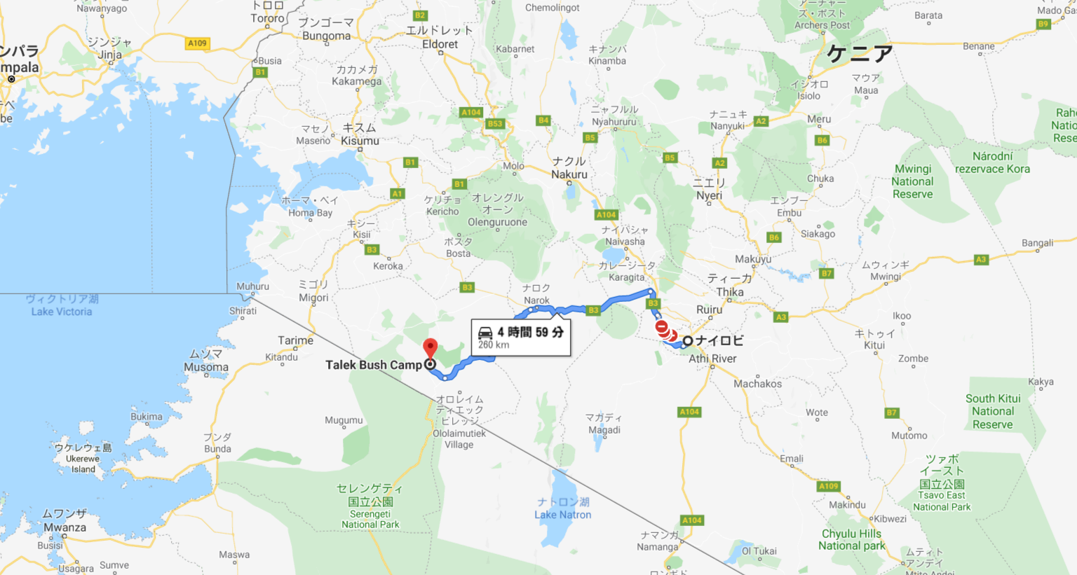 ナイロビからキャンプ場への地図